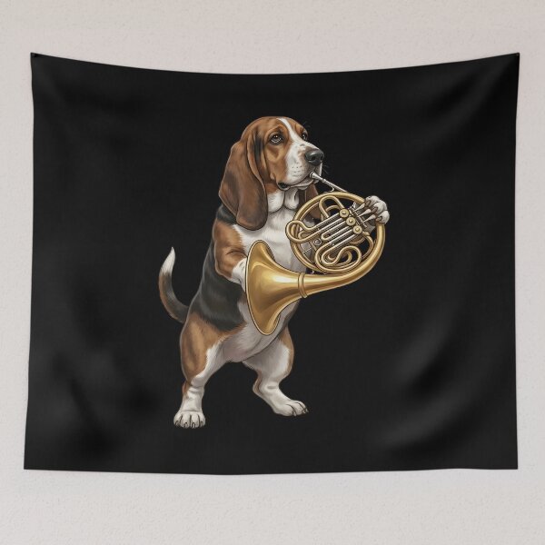 Item preview, Basset Hound Playing French Horn Player Dog Lover designed and sold by DoodleTortle.