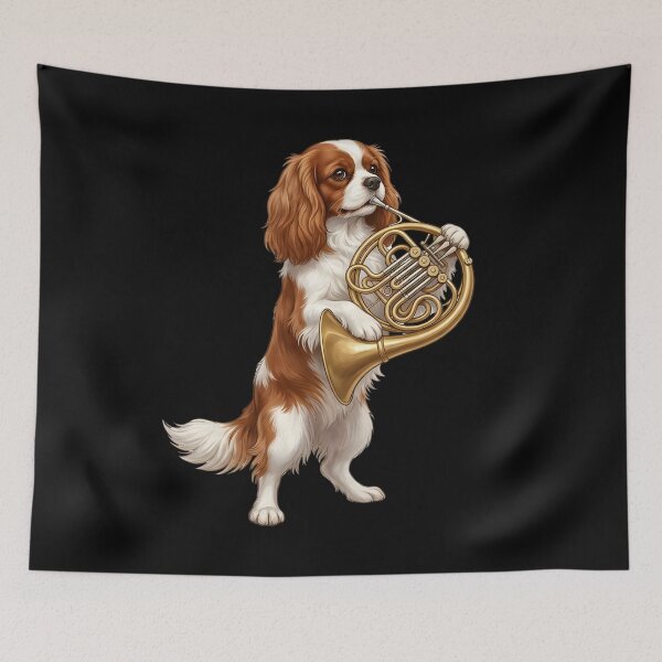 Item preview, Cavalier King Charles Spaniel Playing French Horn Player Dog Lover designed and sold by DoodleTortle.