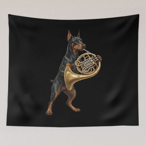 Item preview, Doberman Pinscher Playing French Horn Player Dog Lover designed and sold by DoodleTortle.