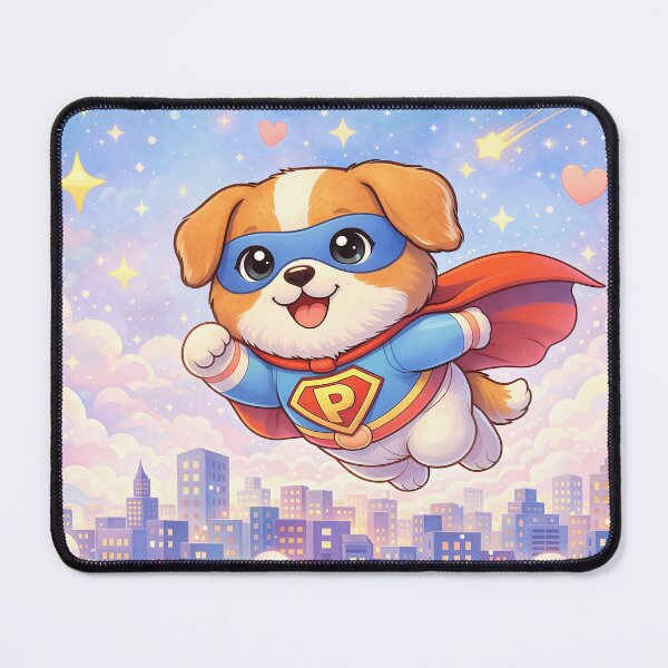 Item preview, Superhero Puppy Flying Over City | Cute Kawaii Dog Hero Cartoon Illustration designed and sold by Furfolkz.