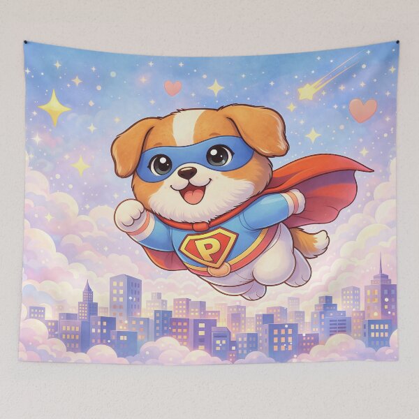 Item preview, Superhero Puppy Flying Over City | Cute Kawaii Dog Hero Cartoon Illustration designed and sold by Furfolkz.
