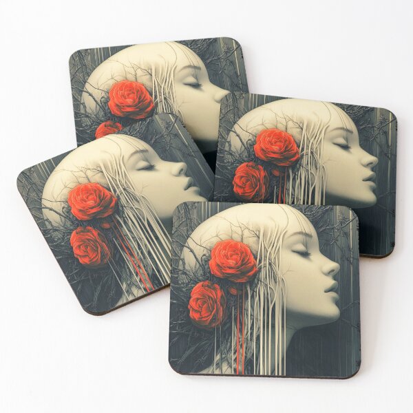 Item preview, Surreal Woman Portrait With Red Roses Dark Aesthetic designed and sold by Shoot-The-Moon.
