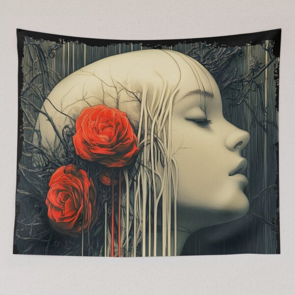 Item preview, Surreal Woman Portrait With Red Roses Dark Aesthetic designed and sold by Shoot-The-Moon.