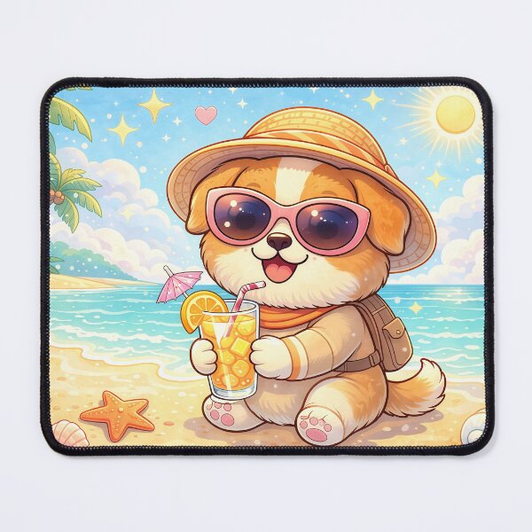 Item preview, Cute Beach Puppy with Tropical Drink | Kawaii Summer Dog Vacation Illustration designed and sold by Furfolkz.