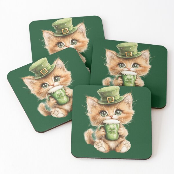 Item preview, Cute Ginger Lucky Cat Drinking Green Beer – St Patrick’s Day Kitten designed and sold by Erika Kaisersot.