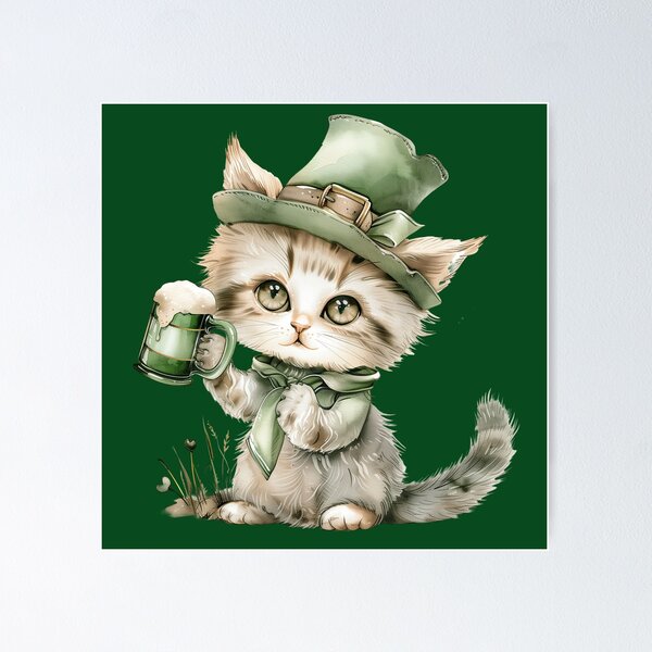 Aperçu de l'œuvre Adorable chat lutin avec une bière verte – Chat de la Saint-Patrick créée et vendue par Erika Kaisersot.