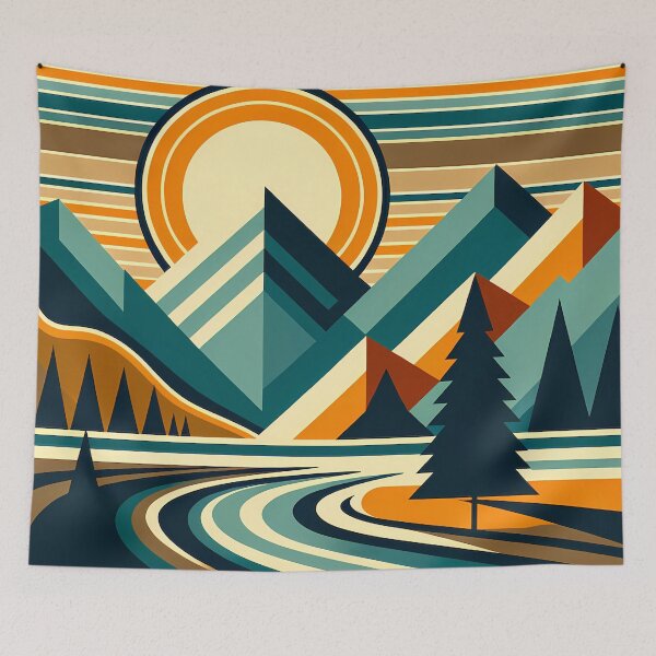 Item preview, Geometric Mountain Peaks with Sun and Pine Trees designed and sold by InkSmithery.