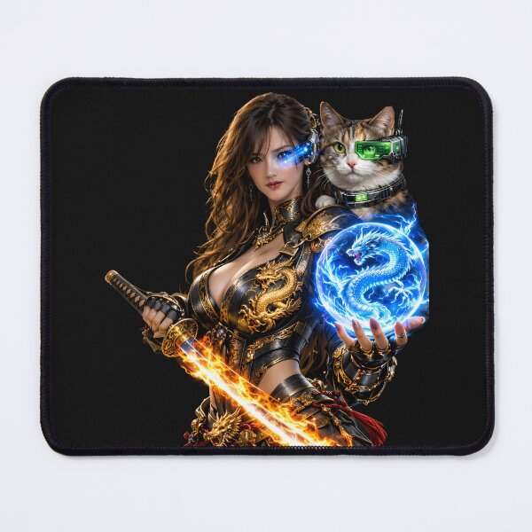 Item preview, Cyber Samurai Girl with Dragon Spirit Orb and Cyber Cat designed and sold by Dragon-Samurai.