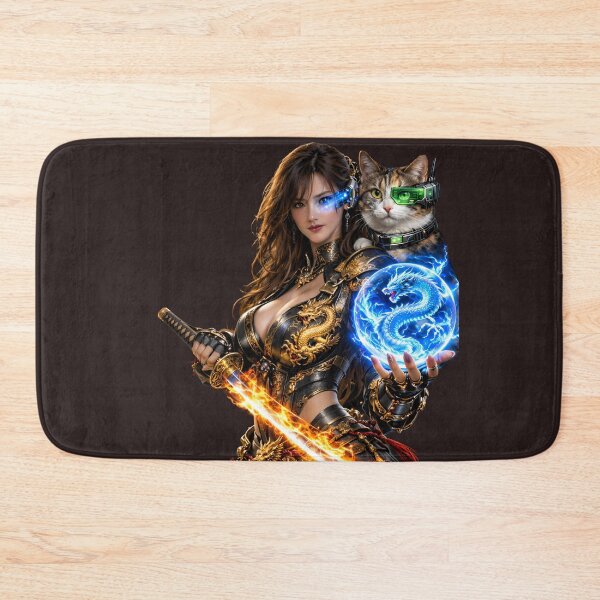 Item preview, Cyber Samurai Girl with Dragon Spirit Orb and Cyber Cat designed and sold by Dragon-Samurai.