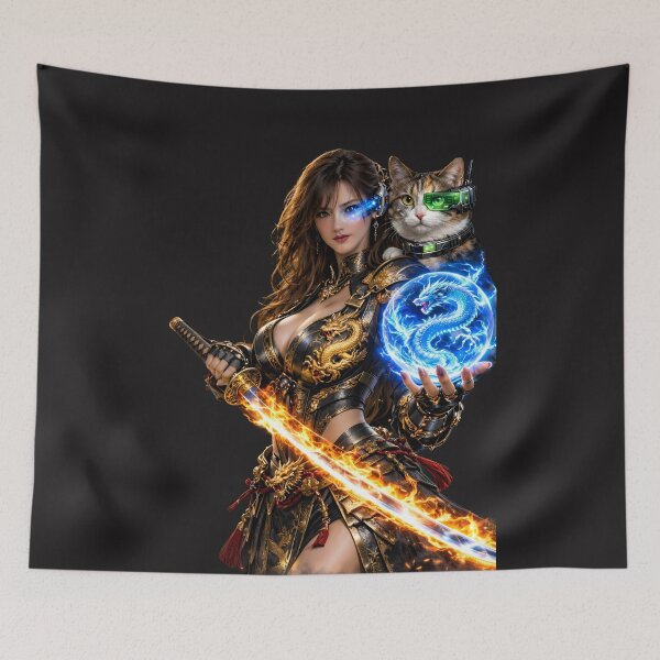 Item preview, Cyber Samurai Girl with Dragon Spirit Orb and Cyber Cat designed and sold by Dragon-Samurai.