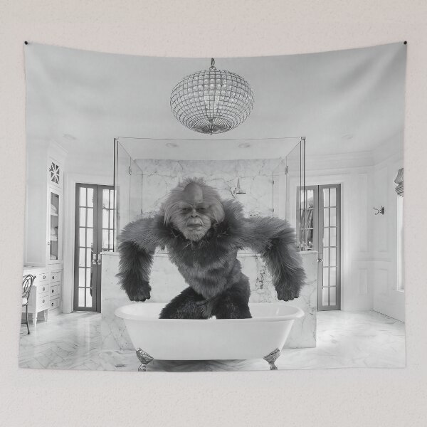 Item preview, Sasquatch, Bigfoot, in the bathtub humorous funny black and white photograph designed and sold by Astrid Arkhangelsky.