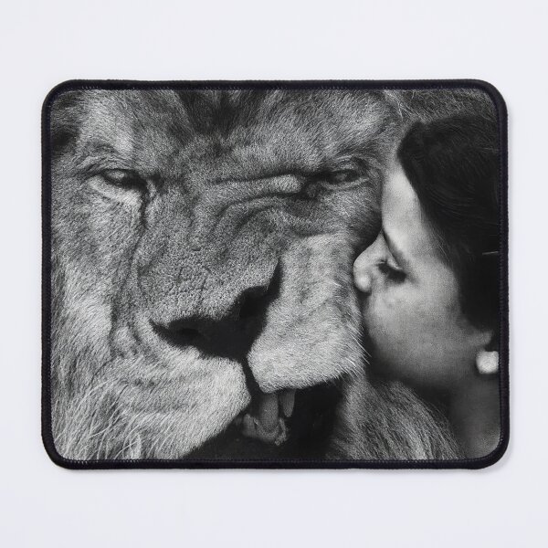 Item preview, Vintage grouchy lion being kissed funny humorous black and white photograph poster print designed and sold by Astrid Arkhangelsky.