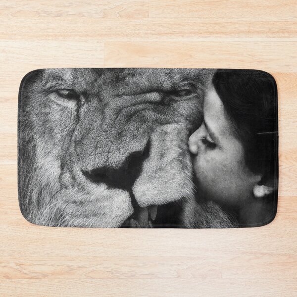 Item preview, Vintage grouchy lion being kissed funny humorous black and white photograph poster print designed and sold by Astrid Arkhangelsky.