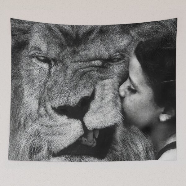 Item preview, Vintage grouchy lion being kissed funny humorous black and white photograph poster print designed and sold by Astrid Arkhangelsky.