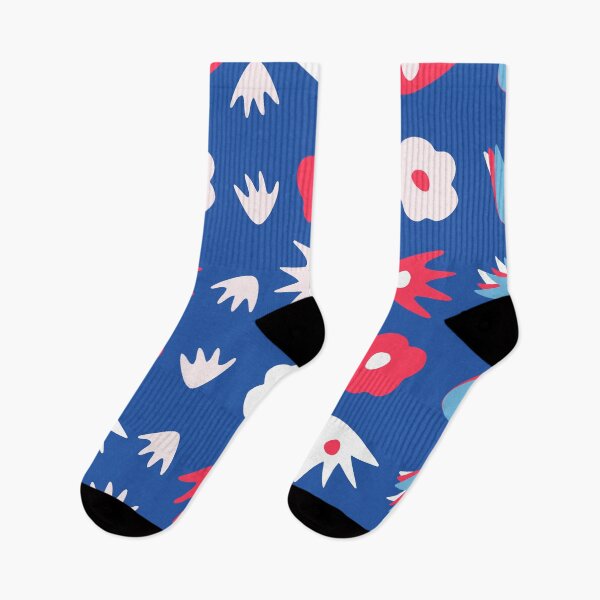 Item preview, Floral pattern with white, blue and red flowers and leaves on a blue background. Modern playful design designed and sold by Caterina@.