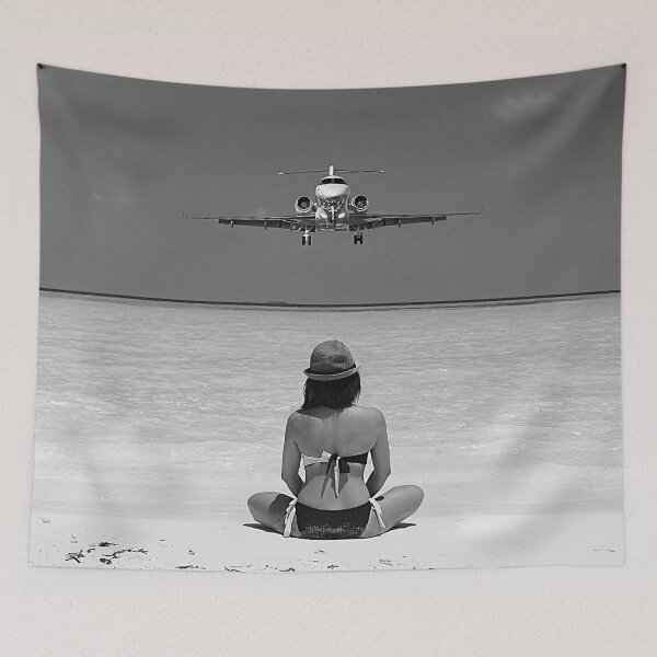 Item preview, Steady As She Goes 2; aircraft coming in for an island landing black and white photography poster print designed and sold by Astrid Arkhangelsky.