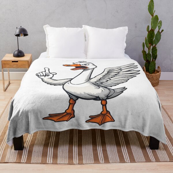 Item preview, Angry cartoon goose standing upright, one wing showing middle finger, bold flat vector style, centered t-shirt designed and sold by : CraftyVibes.
