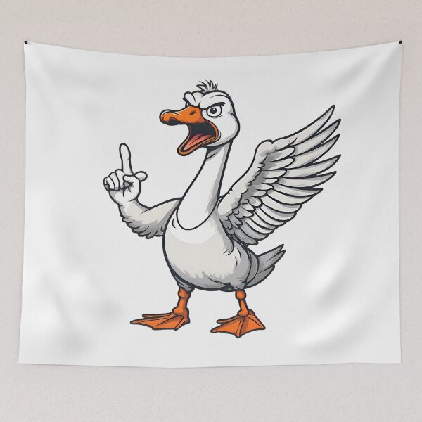 Item preview, Angry cartoon goose standing upright, one wing showing middle finger, bold flat vector style, centered t-shirt designed and sold by : CraftyVibes.