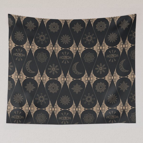 Item preview, Elegant black and gold celestial tiles with ornate linework and mystical snowflake symbols. designed and sold by Elodie-Motifs.