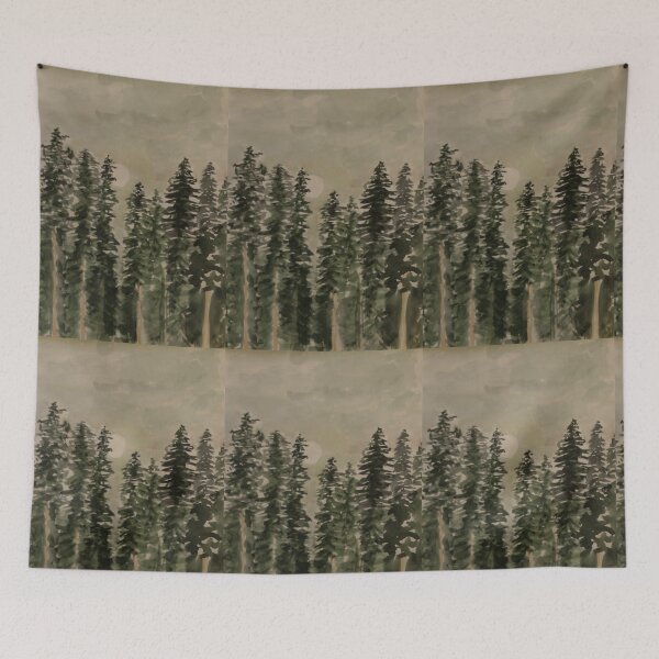 Item preview, Misty Pine Forest Watercolor. Atmospheric Evergreen Landscape Art designed and sold by Cvetok.
