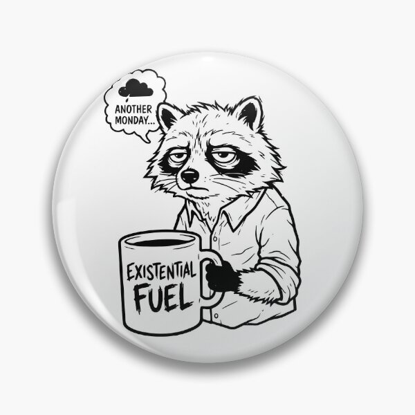 Item preview, Grumpy raccoon illustration holding a large coffee mug labeled “Existential Fuel,” expressing Monday blues, tiredness and dry humor in a sticker-style black-and-white artwork designed and sold by Dejbar.