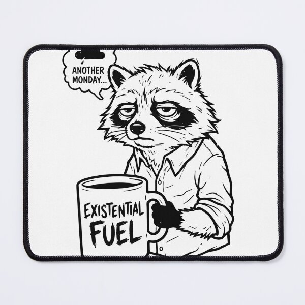 Item preview, Grumpy raccoon illustration holding a large coffee mug labeled “Existential Fuel,” expressing Monday blues, tiredness and dry humor in a sticker-style black-and-white artwork designed and sold by Dejbar.