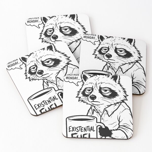 Item preview, Grumpy raccoon illustration holding a large coffee mug labeled “Existential Fuel,” expressing Monday blues, tiredness and dry humor in a sticker-style black-and-white artwork designed and sold by Dejbar.