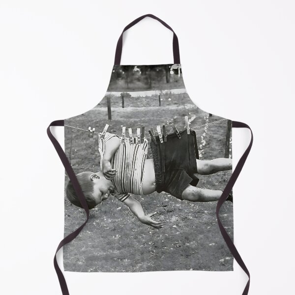 Item preview, Old school, vintage kid on a clothes line funny humorous black and white photograph poster print designed and sold by Astrid Arkhangelsky.