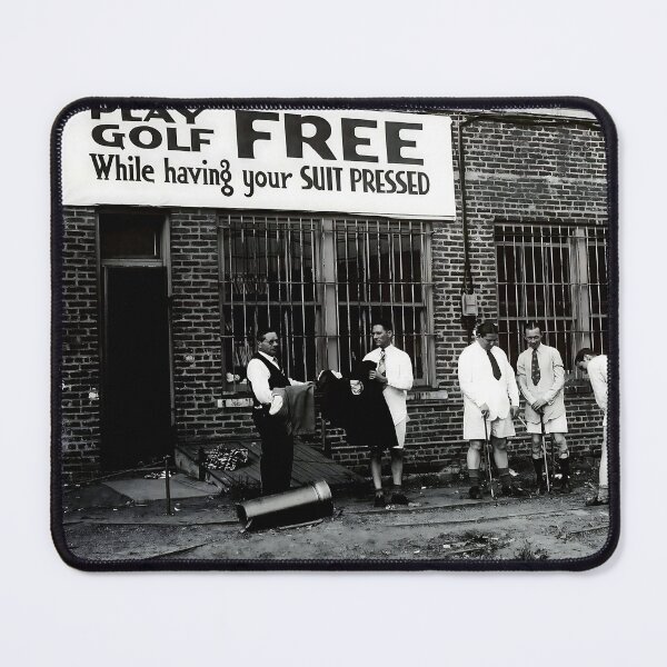 Item preview, Play golf free while having your suit pressed, boys being boys, vintage funny black and white photograph designed and sold by Astrid Arkhangelsky.