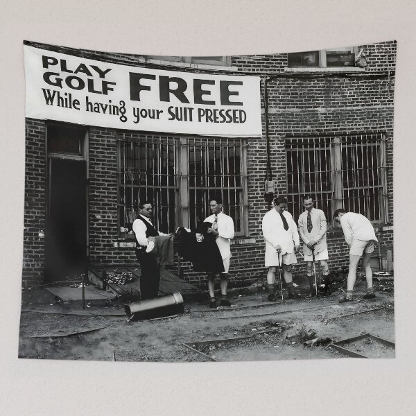 Item preview, Play golf free while having your suit pressed, boys being boys, vintage funny black and white photograph designed and sold by Astrid Arkhangelsky.