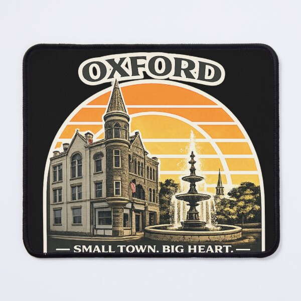 Item preview, Oxford New York Retro Town Hall & Fountain – Small Town Big Heart Vintage Sunset designed and sold by Laughprints.