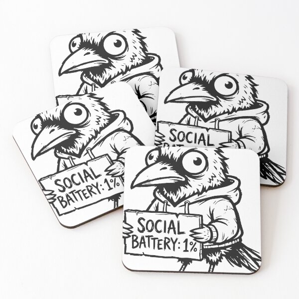 Item preview, A black and white cartoon bird in a hoodie holds a sign reading Social Battery.conveying exhaustion, social fatigue and burnout with humorous. designed and sold by Dejbar.