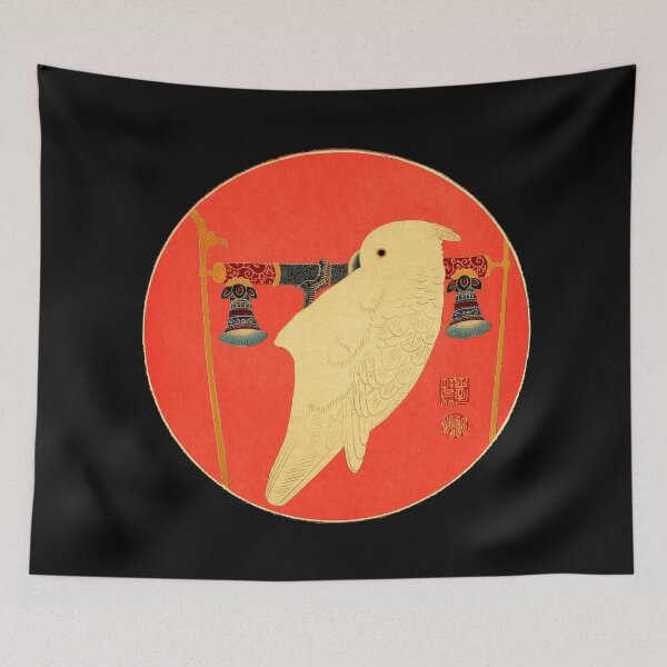 Item preview, White Cockatoo on Imperial Perch – Vintage Chinese Bird Art Red Circle designed and sold by SmashingMonkeys.