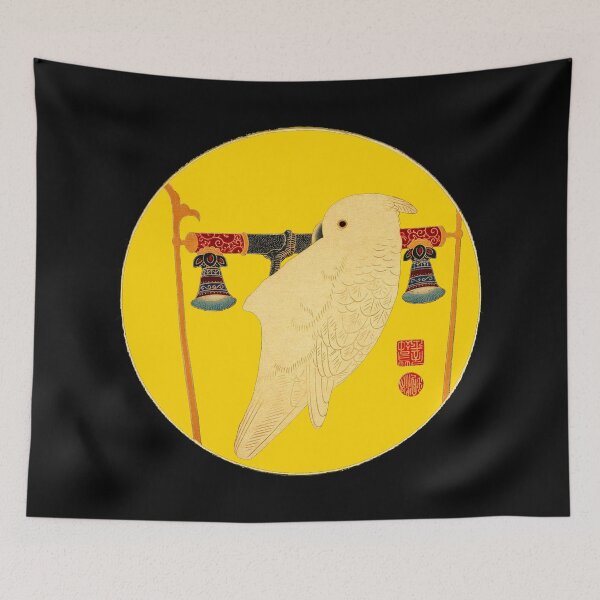Item preview, White Cockatoo on Imperial Perch – Vintage Chinese Bird Art Red Circle designed and sold by SmashingMonkeys.