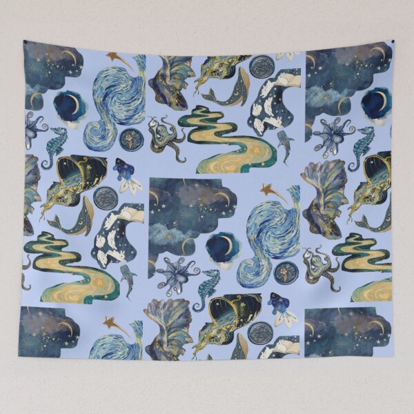 Item preview, Celestial Ocean Aesthetic Collage | Cosmic Sea Creatures Moon & Stars Design designed and sold by lilacWhim.