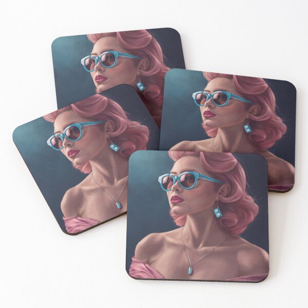 Item preview, Mother's Little Helpers - Vintage Style Digital Painting of a 1950s Starlet Pinup Housewife with Valium Earrings and Pink Hair designed and sold by EmilyDewsnap.