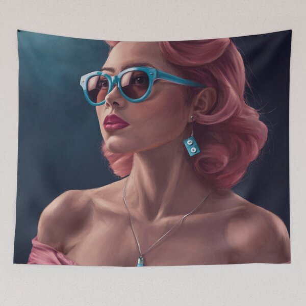 Item preview, Mother's Little Helpers - Vintage Style Digital Painting of a 1950s Starlet Pinup Housewife with Valium Earrings and Pink Hair designed and sold by EmilyDewsnap.