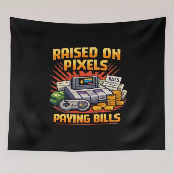 Item preview, Raised on Pixels Paying Bills — Retro Gamer Adulting Humor Pixel Art designed and sold by HubCreates.