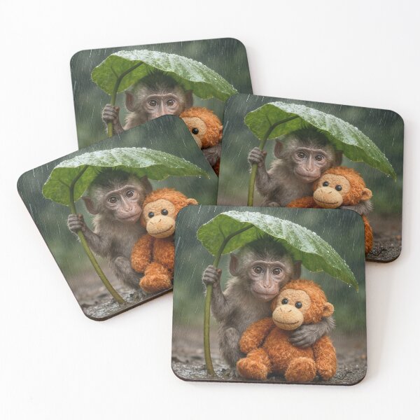 Item preview, Macaque Monkey Under a Wet Leaf with Toy designed and sold by Maria Dryfhout.