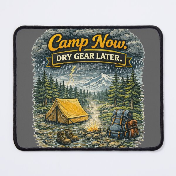 Item preview, Camp Now, Dry Gear Later – Funny Camping Adventure Design designed and sold by The Bearded Embroiderer.