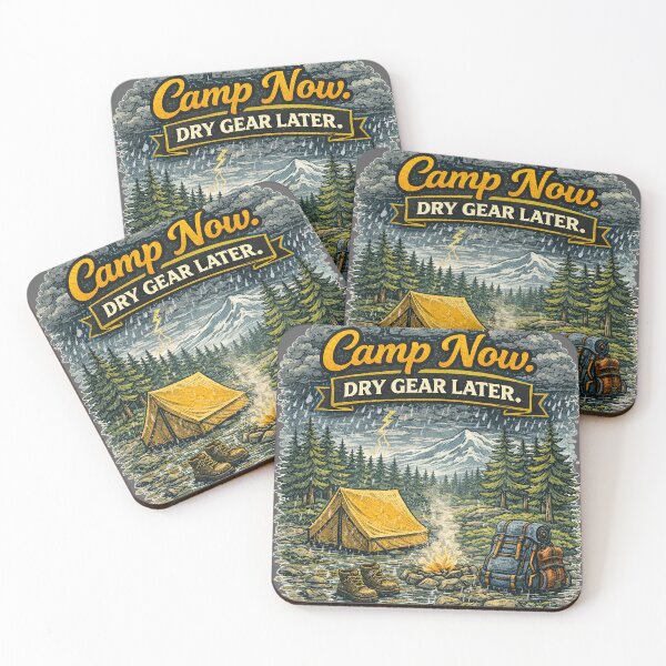 Item preview, Camp Now, Dry Gear Later – Funny Camping Adventure Design designed and sold by The Bearded Embroiderer.