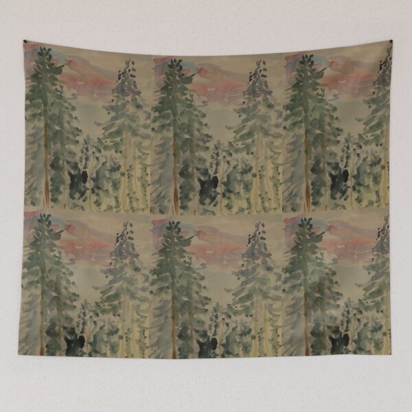 Item preview, Misty Evergreen Forest Watercolor. Atmospheric Pine Trees Landscape designed and sold by Cvetok.