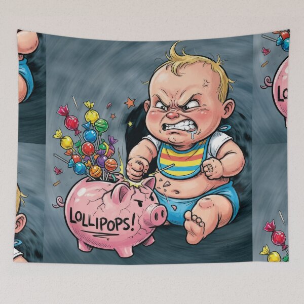 Item preview, A caricature of an angry baby breaking a piggy bank full of lollipops! designed and sold by Alan-David.