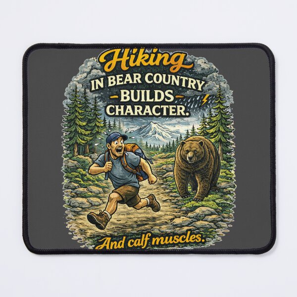 Item preview, Hiking in Bear Country Builds Character… and Calf Muscles – Funny Hiking Design designed and sold by The Bearded Embroiderer.