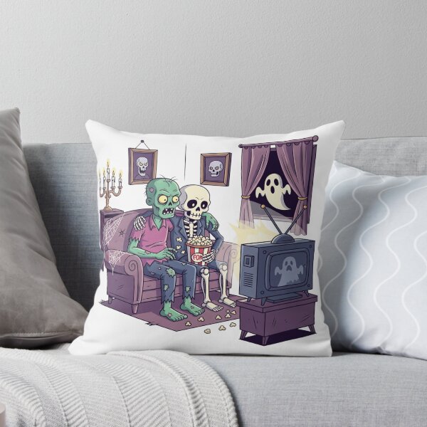 Item preview, Zombie and Skeleton Movie Night - Spooky Couch Potato Illustration designed and sold by Tw1nsAIArt.
