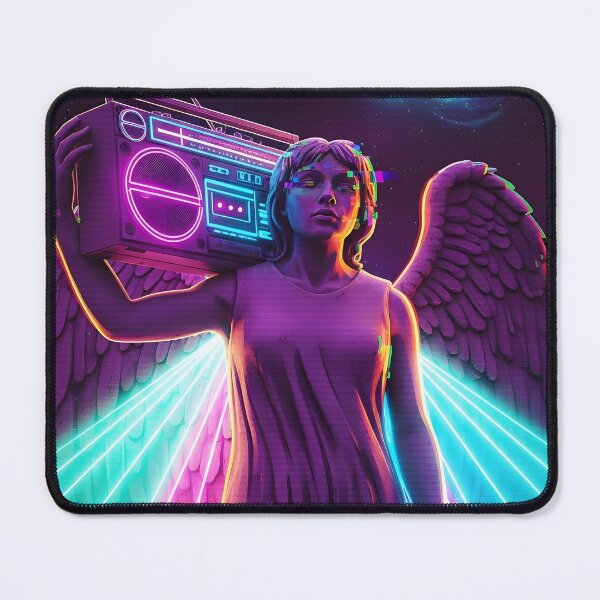 Item preview, Neon Angel Statue with Boombox - 80s Vaporwave Glitch Art designed and sold by powersunlight.
