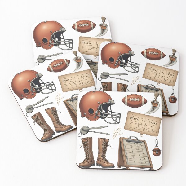 Item preview, Football gear and accessories shown on a white background including a helmet, football, and measuring tools used in the sport designed and sold by SpaceartLilu.