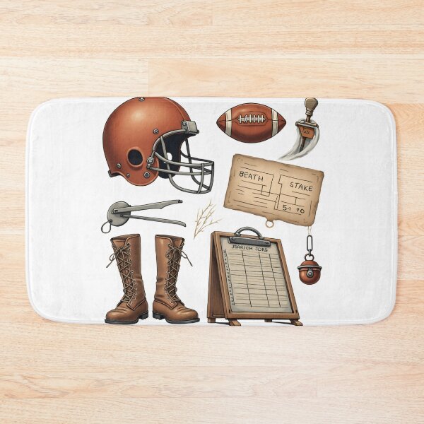 Item preview, Football gear and accessories shown on a white background including a helmet, football, and measuring tools used in the sport designed and sold by SpaceartLilu.