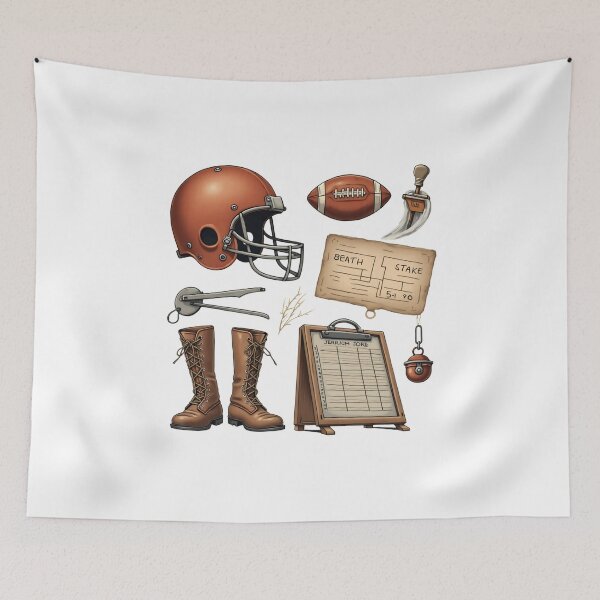 Item preview, Football gear and accessories shown on a white background including a helmet, football, and measuring tools used in the sport designed and sold by SpaceartLilu.
