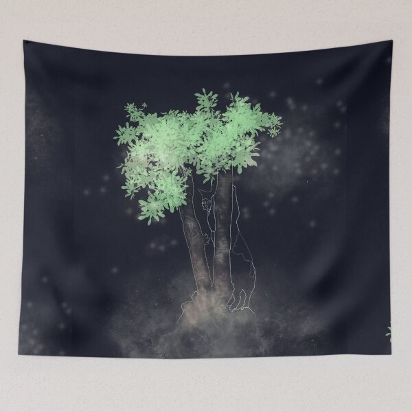 Item preview, Kitten climbing a tree among fireflies at night designed and sold by IsabelQuincoces.